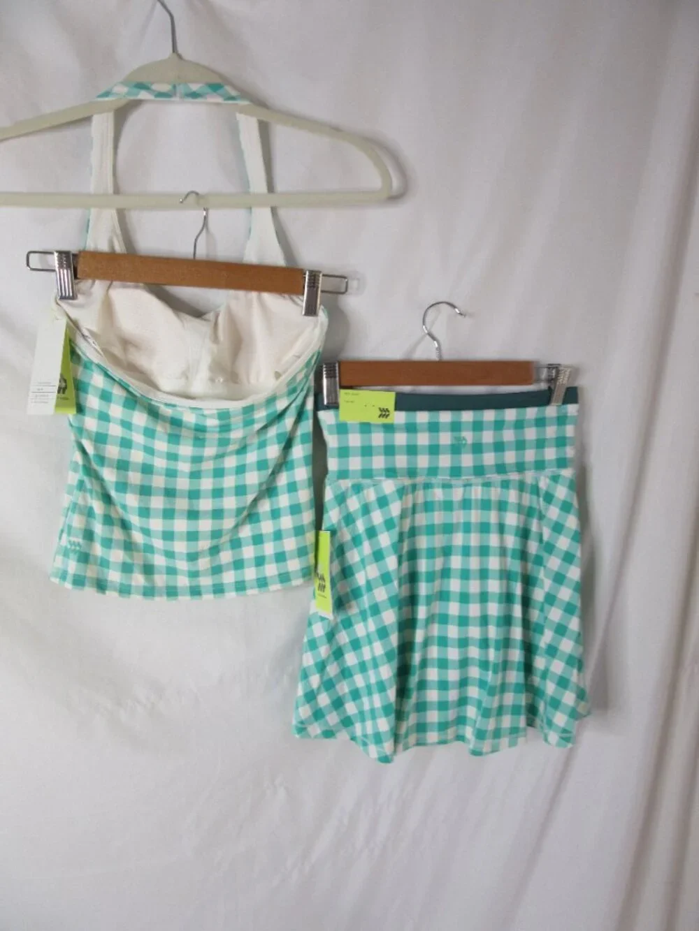 All in Motion 2 Piece Active Set Skort Halter Green White Gingham Size XS NWT